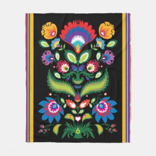 Folklore flowers, mix of colours 5 on black fleece blanket