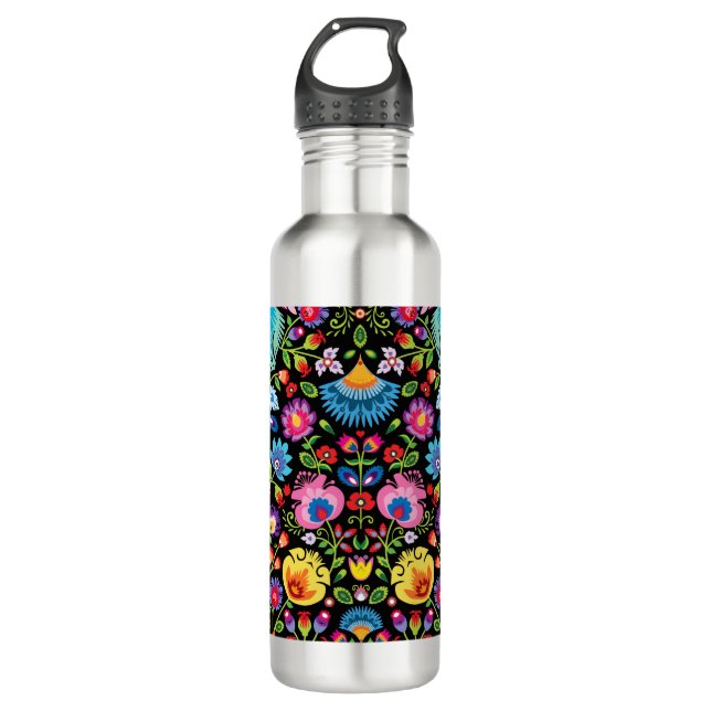 Folklore flowers Wycinanki black   710 Ml Water Bottle (Front)