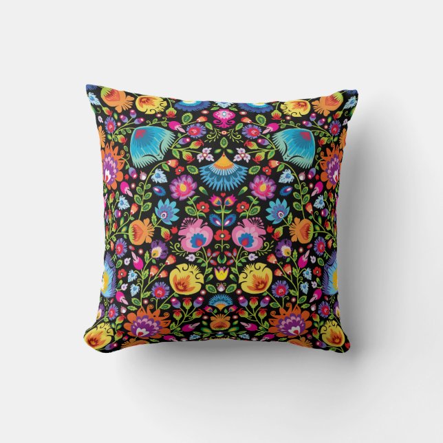 Folklore flowers Wycinanki black Cushion (Front)