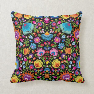 Folklore flowers Wycinanki black Cushion