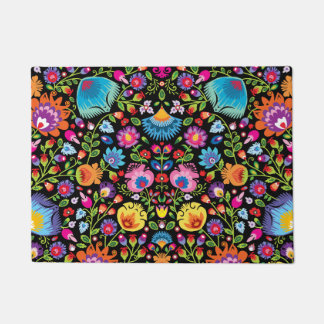 Folklore flowers Wycinanki black Doormat