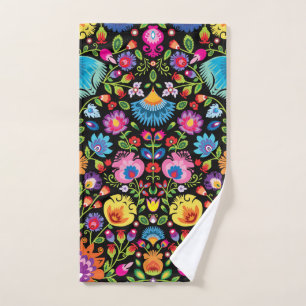 Folklore flowers Wycinanki black Hand Towel