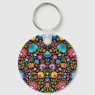 Folklore flowers Wycinanki black Keychain
