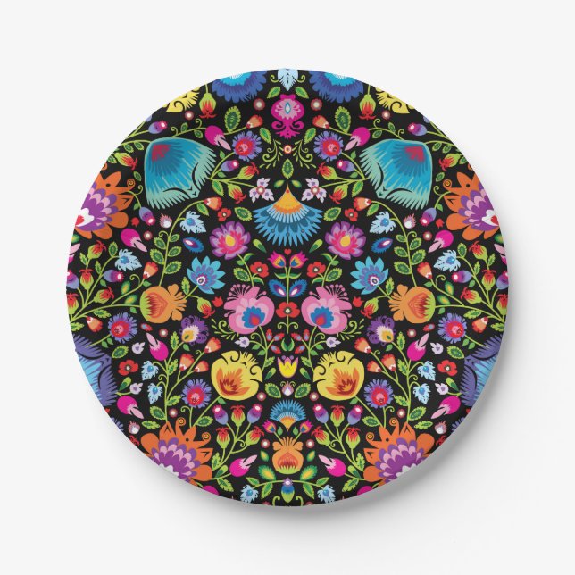 Folklore flowers Wycinanki black Paper Plate (Front)
