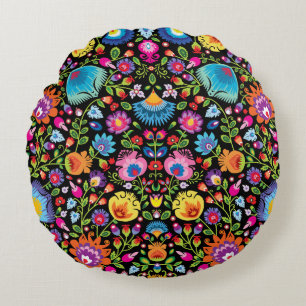 Folklore flowers Wycinanki black Round Cushion