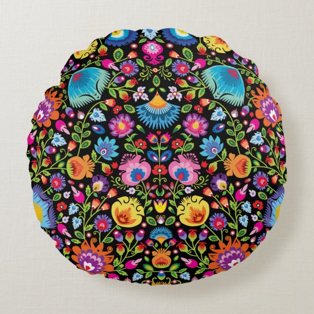 Folklore flowers Wycinanki black   Round Cushion (Front)