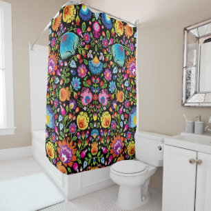 Folklore flowers Wycinanki black Shower Curtain