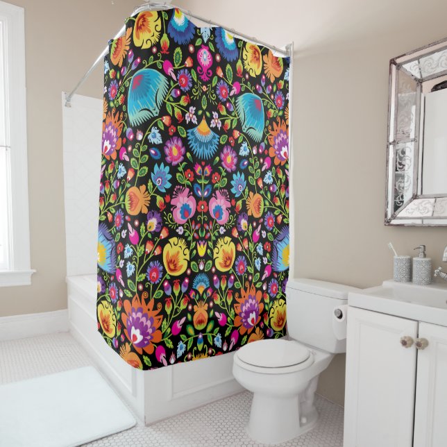 Folklore flowers Wycinanki black  Shower Curtain (In Situ)