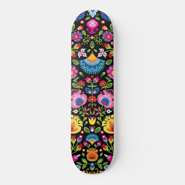 Folklore flowers Wycinanki black  Skateboard (Front)