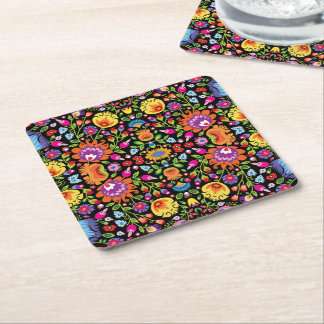 Folklore flowers Wycinanki black Square Paper Coaster