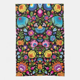 Folklore flowers Wycinanki black Tea Towel