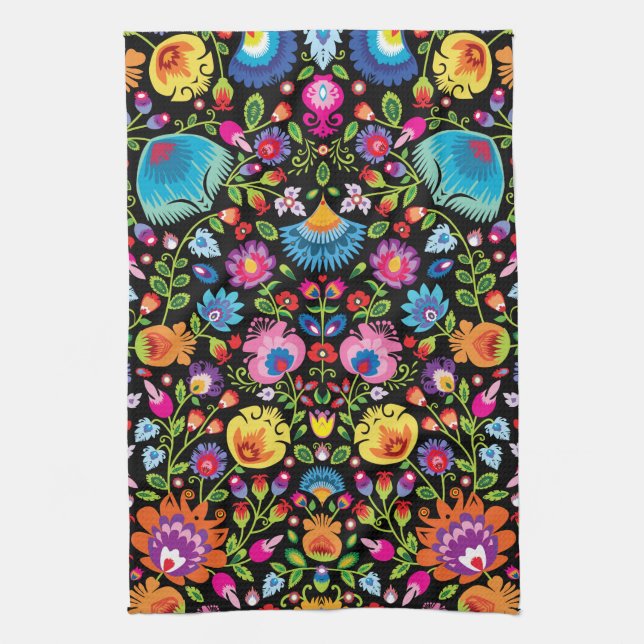 Folklore flowers Wycinanki black  Tea Towel (Vertical)