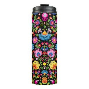 Folklore flowers Wycinanki black   Thermal Tumbler
