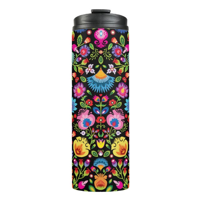 Folklore flowers Wycinanki black   Thermal Tumbler (Front)