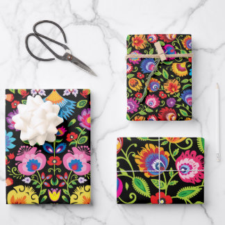 Folklore flowers Wycinanki black   Wrapping Paper Sheet