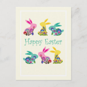 Folklore Happy Easter Bunnies yellow Postcard