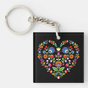 Folklore heart, Wycinanki style Key Ring