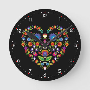 Folklore heart, Wycinanki style  Round Clock