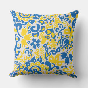 Folklore pattern with Ukrainian flag colors  Cushion