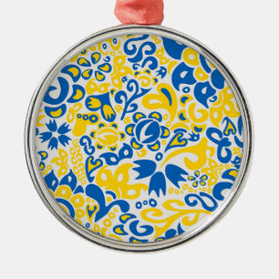 Folklore pattern with Ukrainian flag colors Metal Tree Decoration