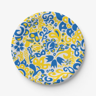 Folklore pattern with Ukrainian flag colors  Paper Plate