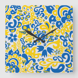 Folklore pattern with Ukrainian flag colors  Square Wall Clock