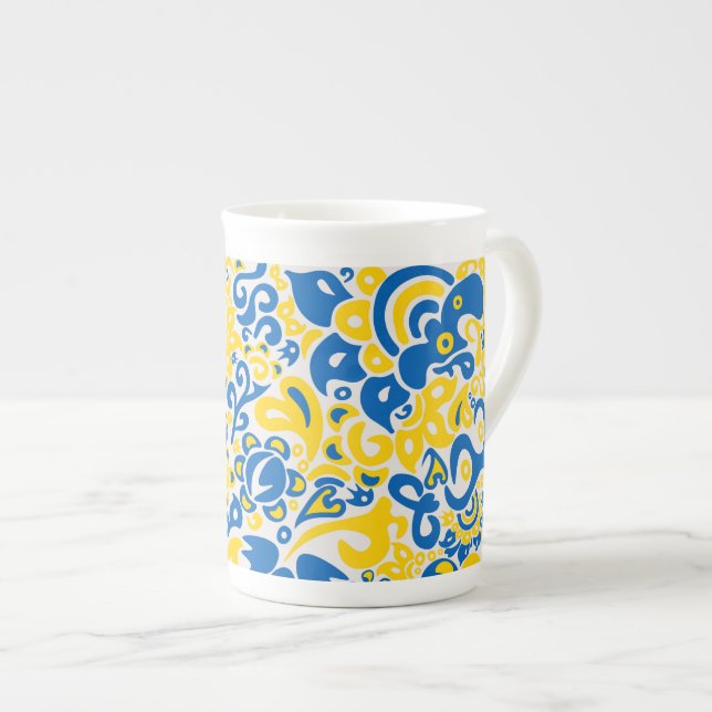 Folklore pattern with Ukrainian flag colours   Bone China Mug (Front Right)