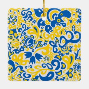 Folklore pattern with Ukrainian flag colours Ceramic Ornament