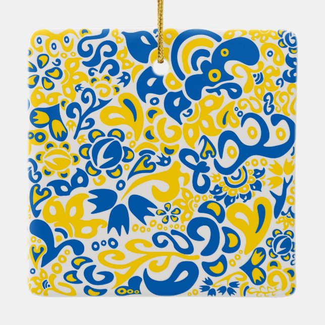 Folklore pattern with Ukrainian flag colours  Ceramic Ornament (Back)