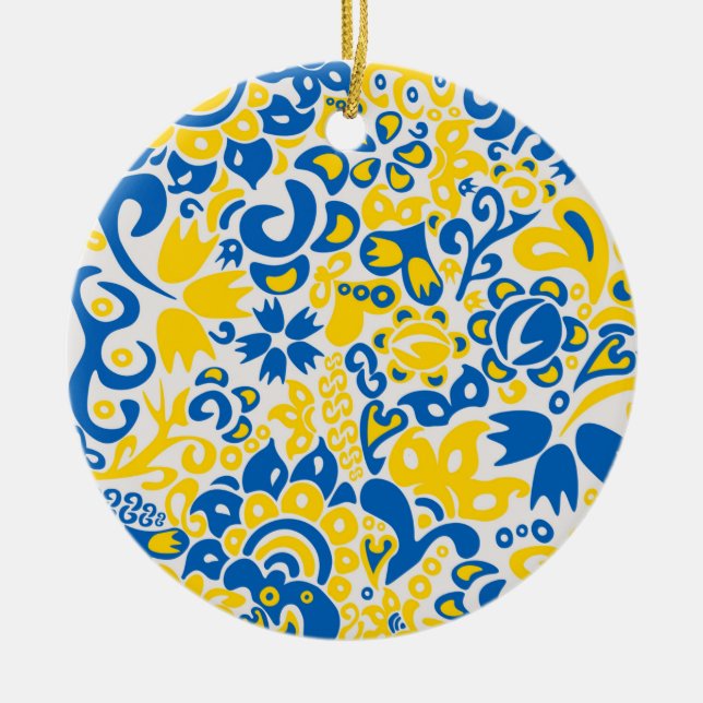 Folklore pattern with Ukrainian flag colours Ceramic Tree Decoration (Front)