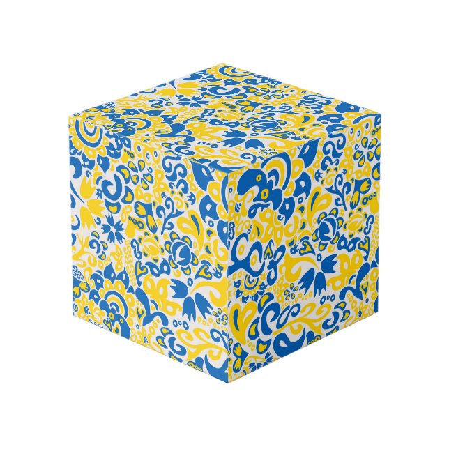Folklore pattern with Ukrainian flag colours  Cube (Front Angled)