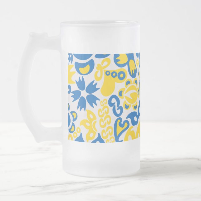 Folklore pattern with Ukrainian flag colours  Frosted Glass Beer Mug (Left)