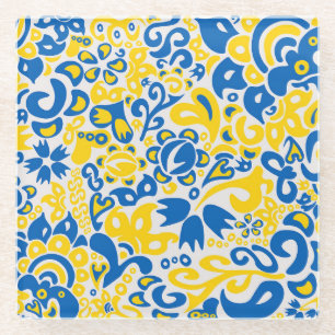 Folklore pattern with Ukrainian flag colours  Glass Coaster