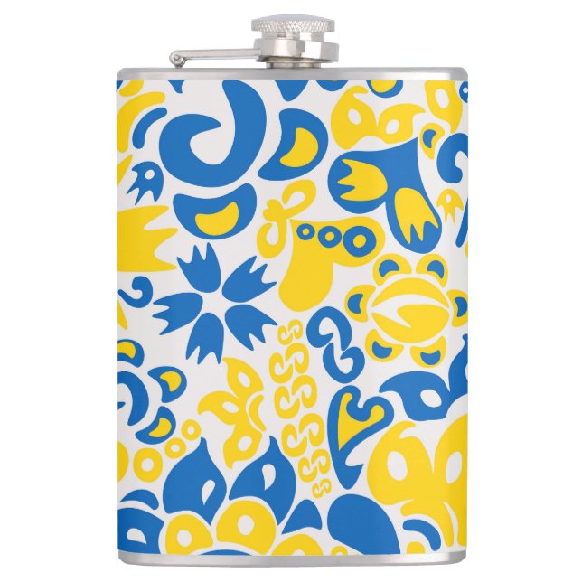 Folklore pattern with Ukrainian flag colours  Hip Flask (Front)