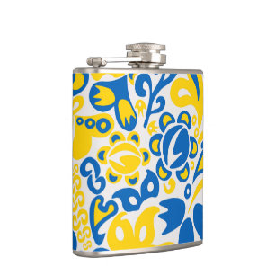 Folklore pattern with Ukrainian flag colours  Hip Flask