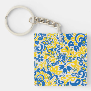 Folklore pattern with Ukrainian flag colours Key Ring