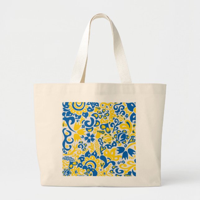 Folklore pattern with Ukrainian flag colours  Large Tote Bag (Front)