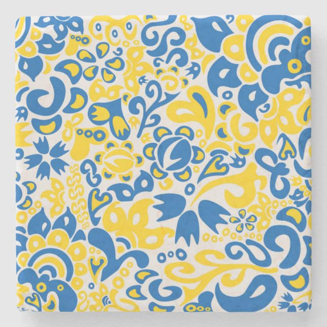 Folklore pattern with Ukrainian flag colours Stone Coaster (Front)