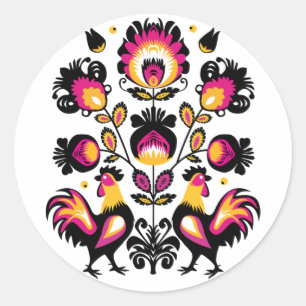 Folklore with black, pink and yellow roosters classic round sticker