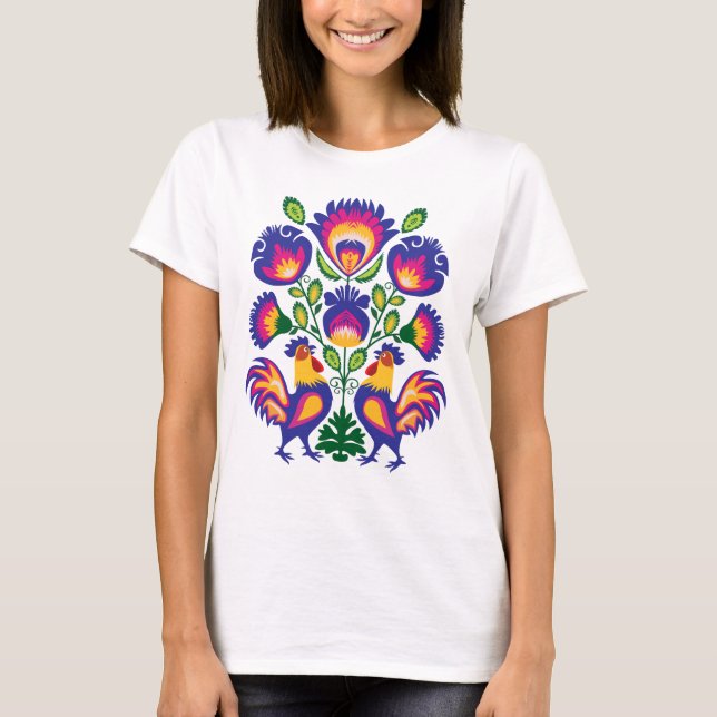 Folklore with pink roosters T-Shirt (Front)
