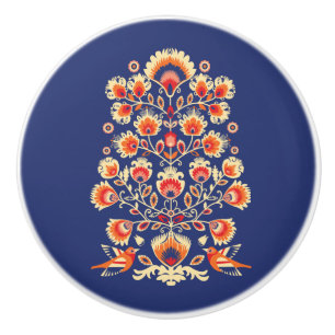 💙💛🧡Folklore with yellow flowers and birds Ceramic Knob