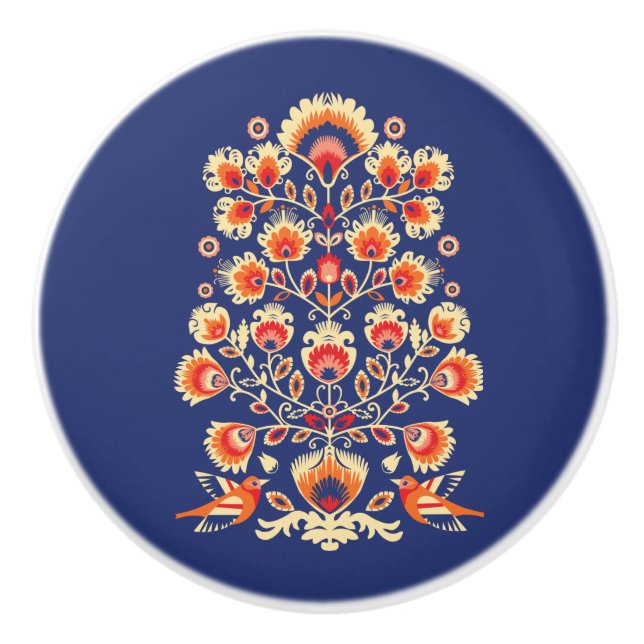 💙💛🧡Folklore with yellow flowers and birds Ceramic Knob (Front)