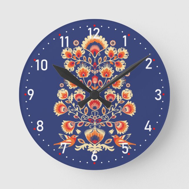 💙💛🧡Folklore with yellow flowers and birds Round Clock (Front)