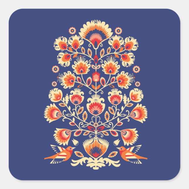 💙💛🧡Folklore with yellow flowers and birds Square Sticker (Front)