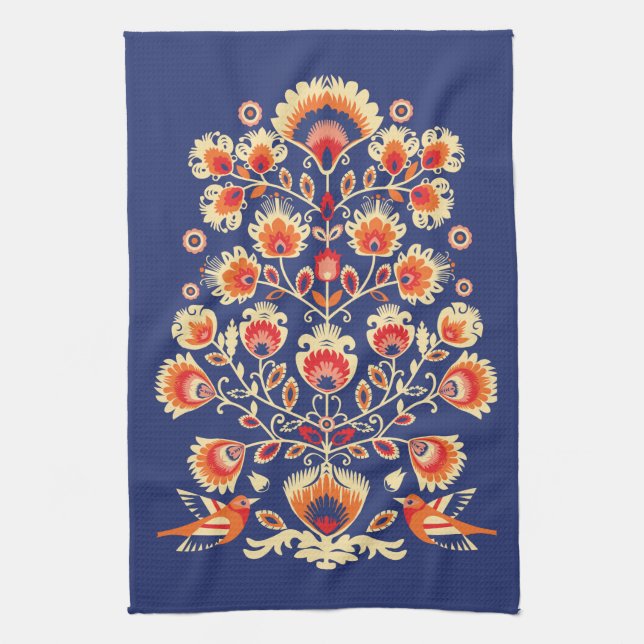 💙💛🧡Folklore with yellow flowers and birds Tea Towel (Vertical)