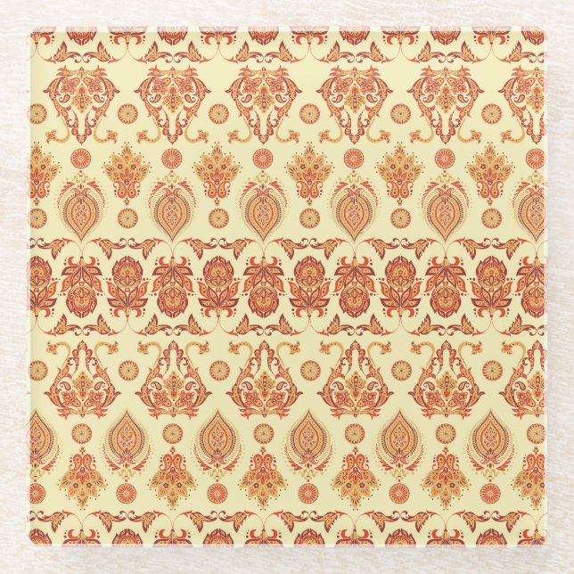 Folkloric Batik Floral Ethnic Pattern Glass Coaster (Front)