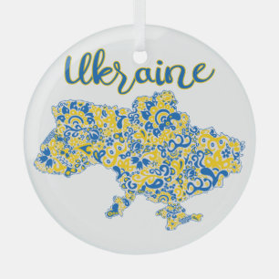 Folkloric pattern and Ukraine typography Glass Tree Decoration