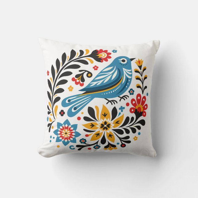 Folksy Bluebird and Wildflowers Cushion (Front)