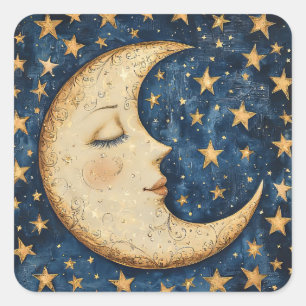 Folksy Celestial Moon  Square Sticker