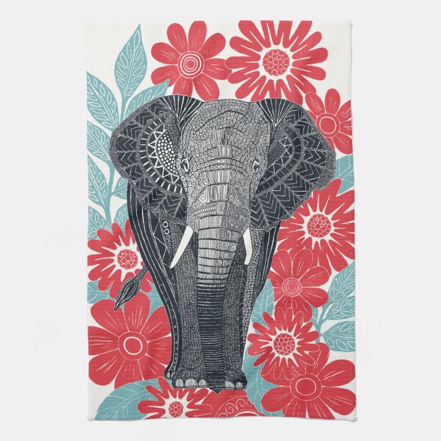 folksy elephant red tea towel (Vertical)